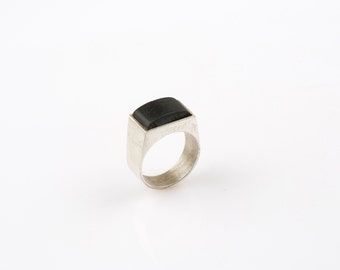 Sterling silver Signet Ring, silver and wood signet ring, unisex signet ring, rectangle signet ring, mens signet ring , abony wood ring