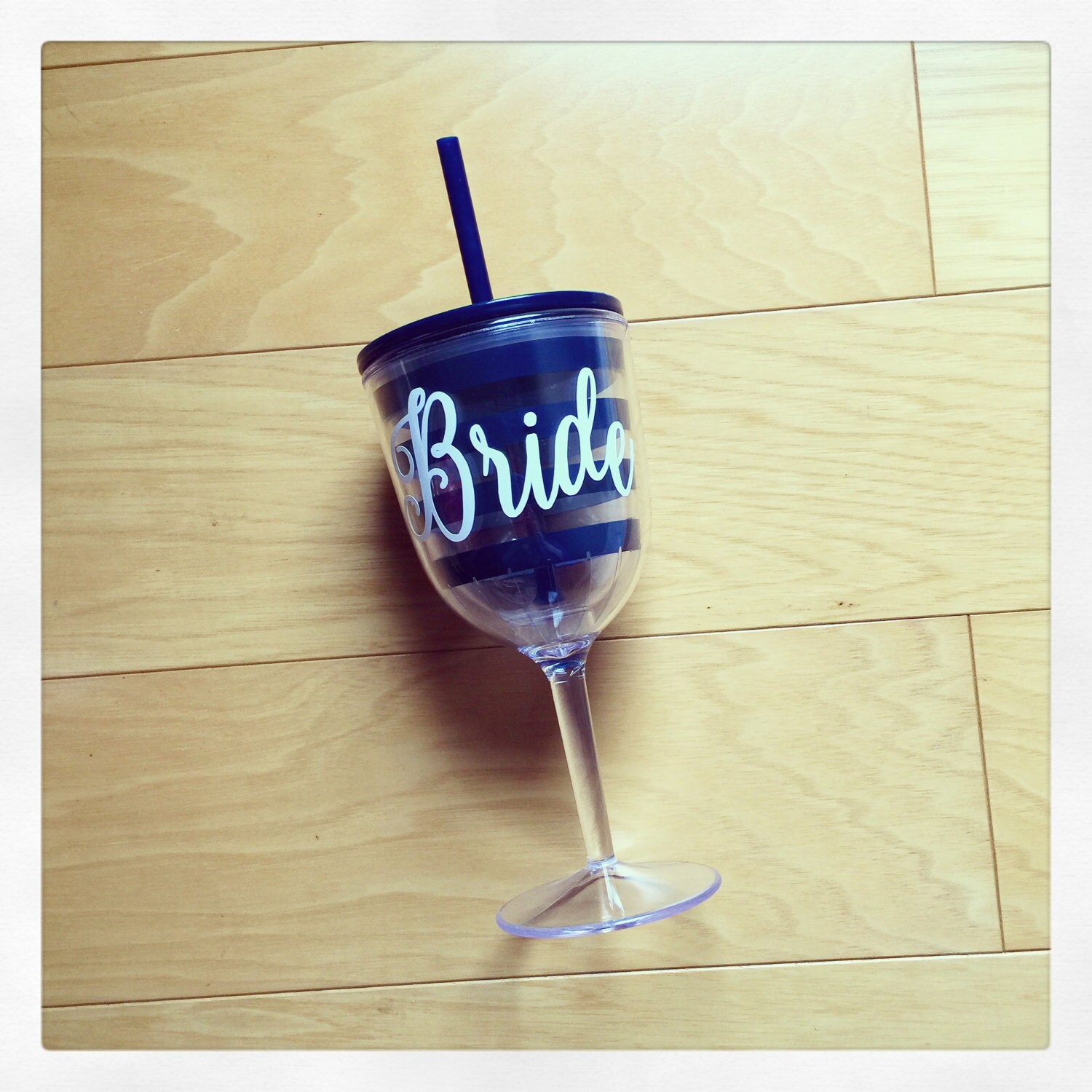 Personalized Acrylic Wine Glass with Lid & Straw Navy Stripe