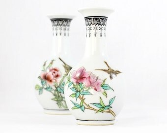 A Pair of Chinese Ceramic Vases, Vintage Chinese Vases, Small Vases with Flower and Bird Decoration