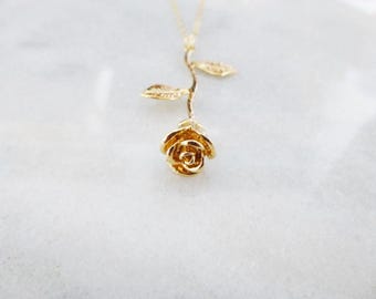 Gold Rose Necklace Beauty And The Beast Jewelry Fairytale Flower Belle Emma Watson Accessories Wife Girlfriend Womens Gift For Her Spring
