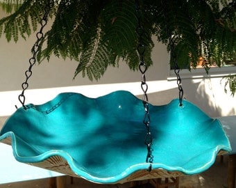 Beach Cottage Bird Bath and/or Bird Feeder Handmade Ceramic Caribbean Blue with Real Sea Shell imprint and Glaze
