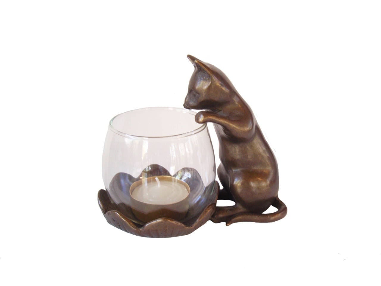 Cute Brass Cat Candle Holder with glass bowl/ Solid Brass Cat