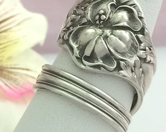Sterling Spoon Ring, Lily Floral LANDERS 2, Size 8 - 12, Baker Manchester 1900 Antique Repurposed Flatware Jewelry, Gift, Collectible