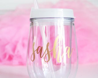 Wine Tumbler Bridesmaid Gift - Gold - Bachelorette Gift -Custom Personalized Monogrammed Tumbler With Lid and Straw