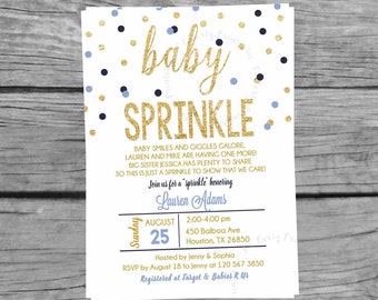 Baby Sprinkle Invitations. Blue and Gold Baby Boy Shower, Blue and Gold Confetti Invite. Baby Shower. Digital file.