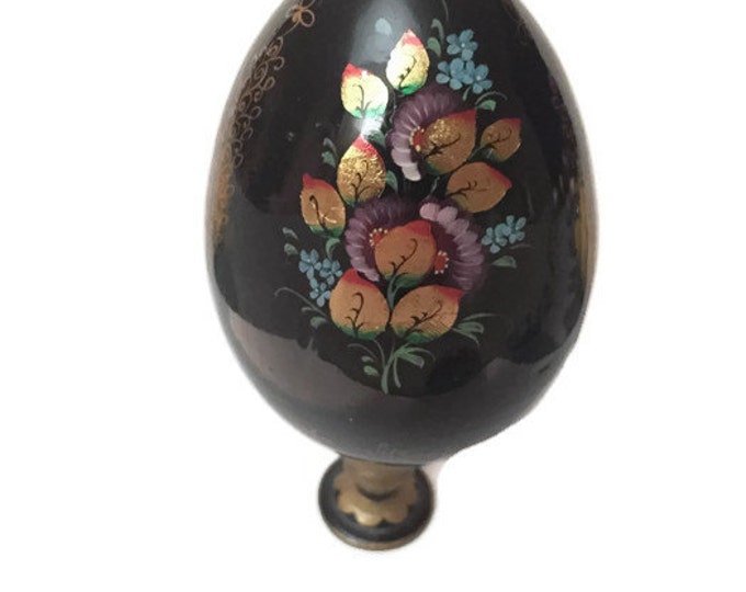 Russian Lacquerware Decorative Egg | Wooden Egg Painted Pink and Yellow Flowers with foiled elements signed Makarova in Cyrillic Mom Teen