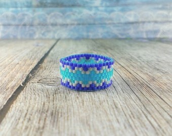 Boho ring Unique ring Beaded ring Crystal ring Dainty ring Band ring Cyan blue ring Bohemian ring Ocean blue jewelry Fantasy jewelry