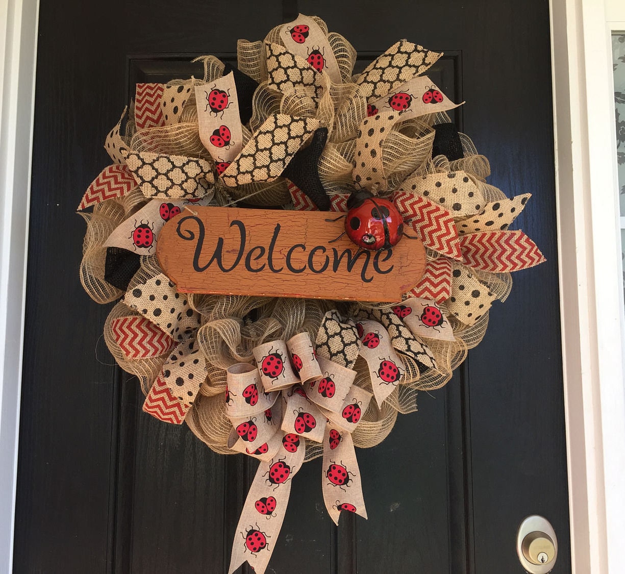 Welcome Ladybug burlap wreath, Ladybug burlap wreath, everyday wreath, Garden wreath , rustic wreath, front door wreath,