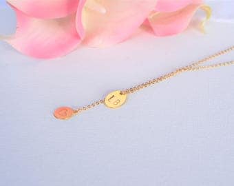 Personalized Oval disk and Coin Drop Necklace/Personalized necklace/Simple Necklace/Silver/Gold/