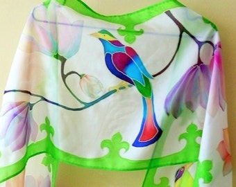 Handpainted silk Wedding shawl Flower and birds painted silk shawl Mother day gift Batik Birds silk scarf gift for sister Mom gifts from son