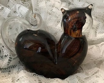 Tawny Tigress Glass Cat Figurine Amber Black Stripe, Caramel Glass Cat Figurine With Stripes