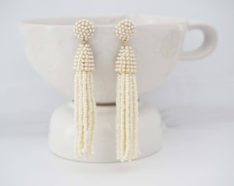 Cream Beaded Tassel Statement Earrings