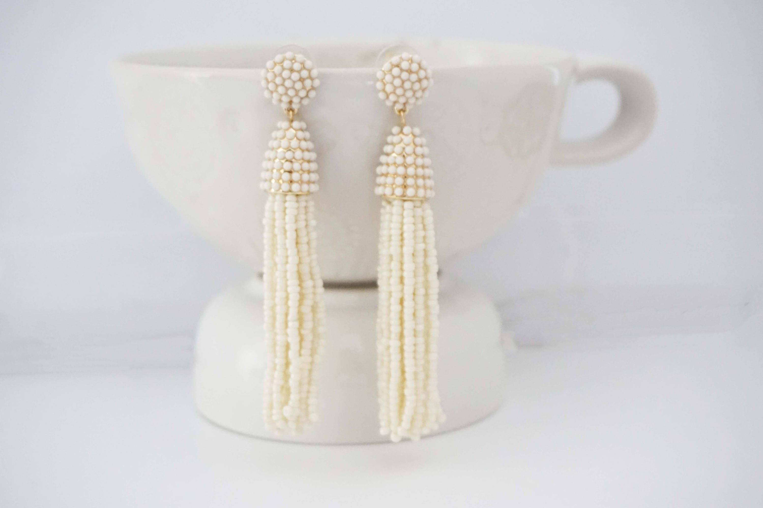 Cream Beaded Tassel Statement Earrings