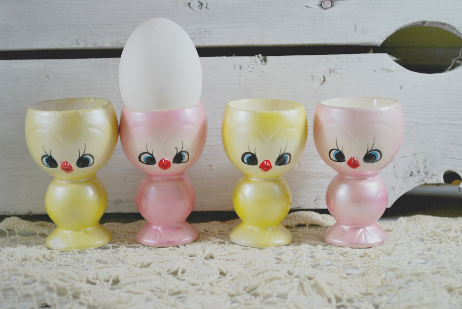 Chicken Egg Cups yellow and pink made in ceramic Easter