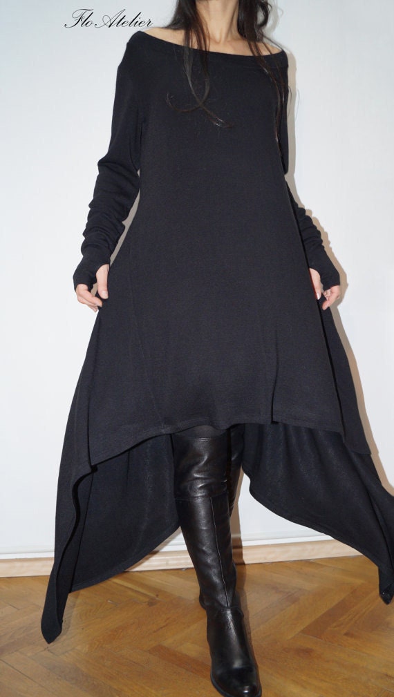 Black Asymmetrical Sweater/Cozy Pullover/ Sweater Dress/Knit