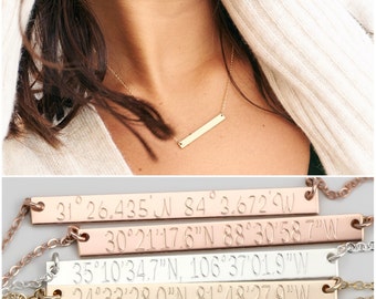 Latitude Longitude Necklace, Personalized Gold Bar Necklace, Rose Gold Bar, Personalized Gift, Bridesmaid Jewelry, Bridesmaid Gift H440