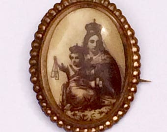 Antique Religious Brooch Featuring The Virgin Mary and Baby Jesus