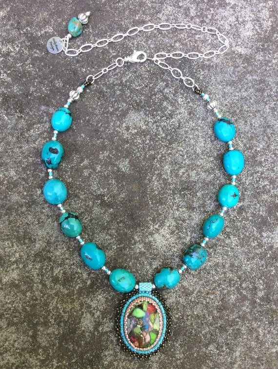 Items similar to Lift Your Mood Turquoise Necklace - Bead Embroidery ...