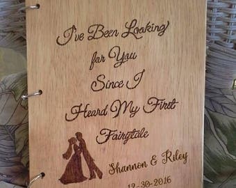 Rustic Personalized Wood Burned Fairytale Wedding Guest Book or Photo Album, Marriage Advise Book