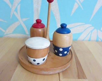 Vintage Japanware wooden handpainted polka dot cruet set