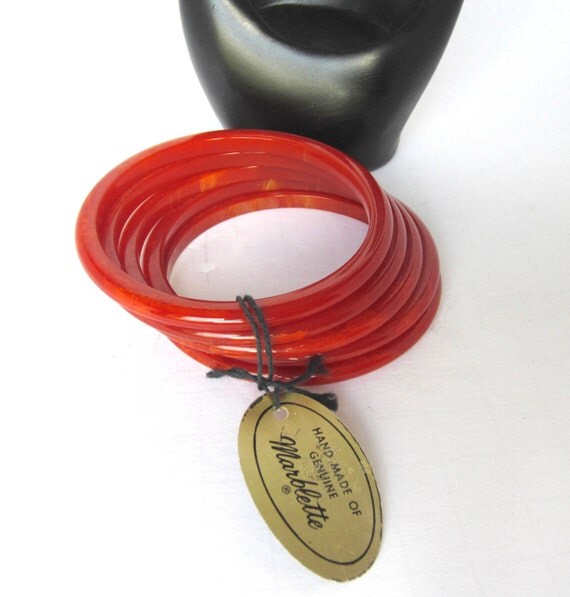 Lot MARBLETTE signed BAKELITE tested rustic Orange Marbled Bangle Bracelets ~vintage costume jewelry