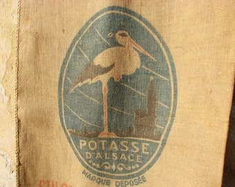 Large vintage French jut hessian burlap sack bag seagull bird potasse Alsace stork