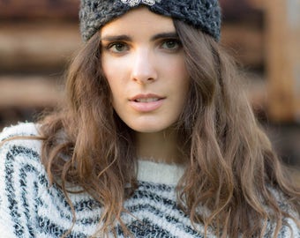 Rhinestone Knit Headband-Charcoal Ear warmer-Gift for her-Knitted Headband-Women's Fall/Winter Fashion Accessory,Stocking Stuffer, Headband