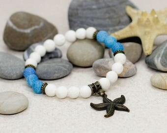 White coral bracelet Blue bracelet Starfish bracelet Beach bracelet Sea jewelry Mermaid jewelry Charm bracelet Gift for girlfriend gift wife