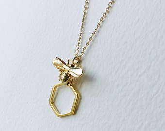 Bumblebee and Honeycomb Gold Necklace Gold Bee Necklace Gold Bumble Bee Necklace Gold Honeycomb Necklace