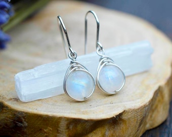 Rainbow Moonstone Earrings 925 - Wire Wrapped Drop Earring - Feminine Dainty Earrings - Healing Psychic Crystal - Ethereal - The Ivy Bee