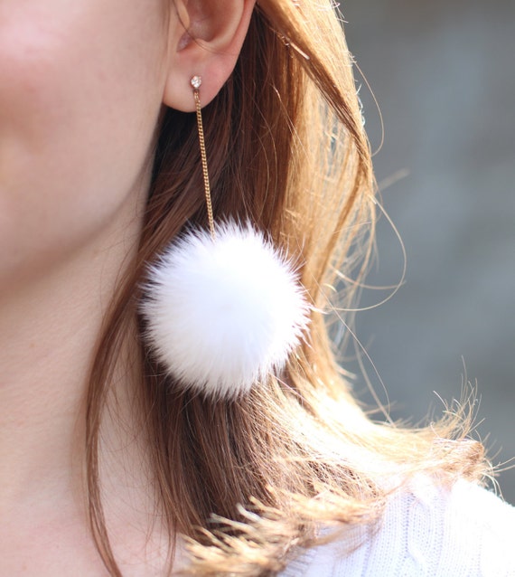 White Fur Pom Pom Earrings Mink Fur Pom Pom Earrings Fur
