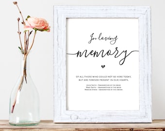In Loving Memory, Printable Wedding Memorial Table Sign, Memory Sign, Wedding memory sign, In memory Sign, 8x10, PDF Instant Download