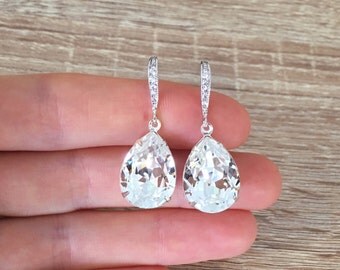 Swarovski Earrings, Clear Crystal Earrings, Teardrop Bridal Earrings, Bridal Jewelry, Wedding Gift, Bridesmaid Gift, Cubic Zirconia Earrings