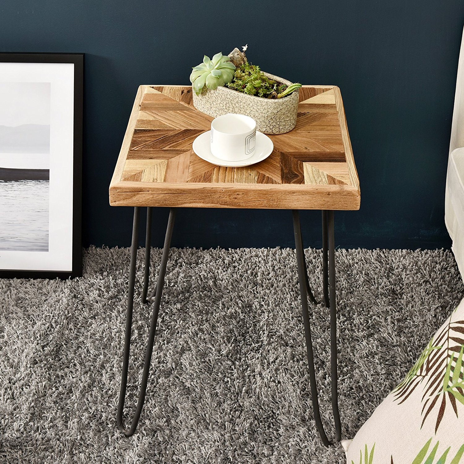 Square Old Elm Wood End Table With Diamond Shape Pattern Metal