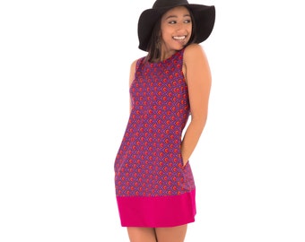 60s Style Summer Cotton Tunic Dress Purple Print with Pockets