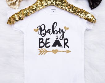 Baby Girl's Baby Bear Onesie, Baby Bear Outfit, Baby Bear Shirt, Mama Bear Baby Bear, Gold and Black, Baby Bear Bodysuit, Toddler Baby Bear