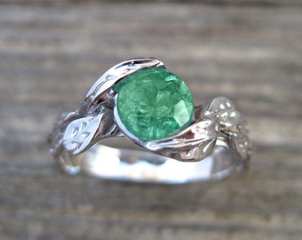 Emerald Engagement Ring, Emerald Leaf Ring, Emerald Leaf Engagement Ring, Emerald Leaf Wedding Ring, Antique Emerald Ring, 18k Emerald Ring