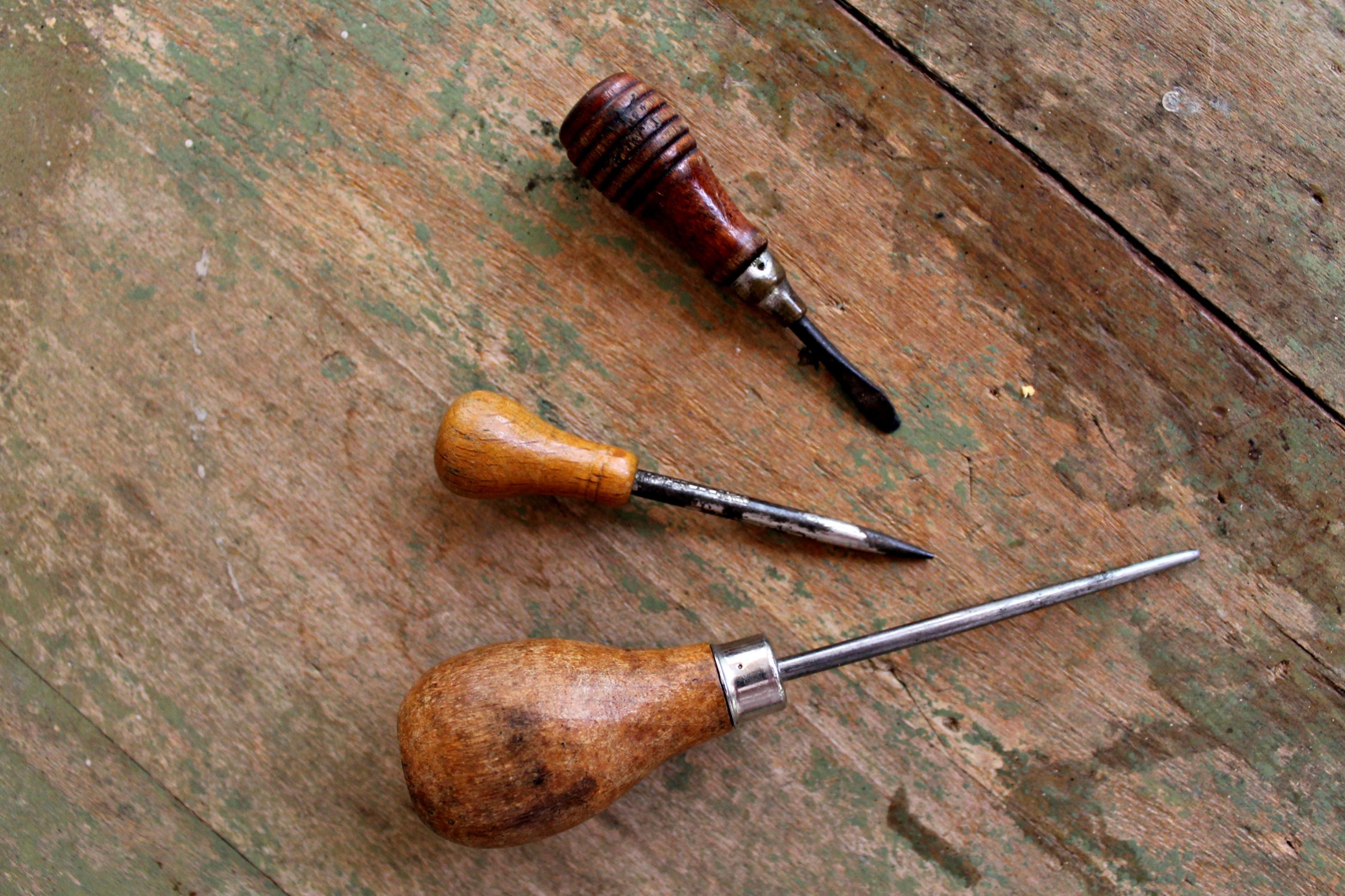 vintage mini awls and screw driver wooden handles, sewing tools
