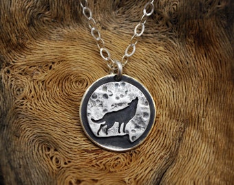 Wolf Moon Necklace - Sterling Silver Pendant - Full Moon Howling Wolf Silhouette - Portion of Proceeds to Wolf Sanctuary Charity