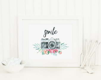 Camera Printable Camera Quote Print Smile Floral Camera Art Print Watercolor Camera Photography Wall Art Studio Decor Antique Camera Print