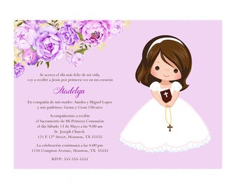 Girl First Communion Invitation, Invitacion Primera Comunión, Lavender Printable 1st Communion Invitation, Pink First Holy Communion Invite