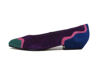 Vintage 80s Deadstock Funky Squiggle Design Colorblock Suede Flats Size 6