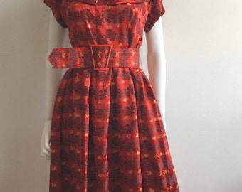 1940s Dress / Silk Brocade / Red / Metallic / Belt / M