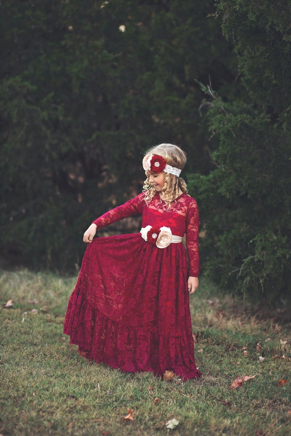 Burgundy flower girl dresses with sleeves