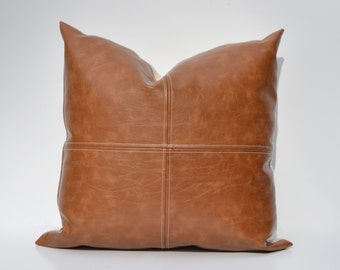 Paneled Faux Leather Pillow Cover - Caramel
