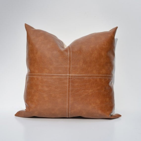 Paneled Faux Leather Pillow Cover Caramel