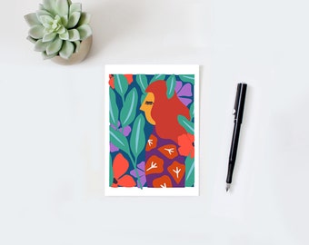 Colorful wall art, colorful print, woman illustration, nature print, leaves, flowers, woman print, plant, green, blue, orange, pink, yellow