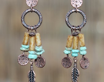 Boho Earrings Bohemian Earrings Jewelry Dangle Copper Earrings Ethnic Hippie Gypsy Turquoise Earrings Chandelier Gift Ideas Gift For Her