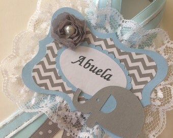 Elephant baby shower Grandma to be corsage/Boy baby shower Grandma to be pin/Elephant boy baby shower/Light blue and grey chevron baby