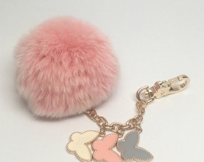 Light Pink Frost Rex Rabbit Fluffy Keychain furkey bag charm Fur Pom Pom with 3 butterfly charms